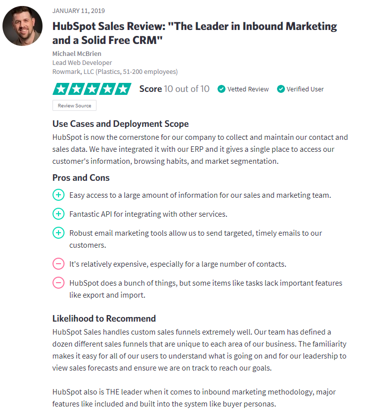 Hubspot Sales Trustradius Review